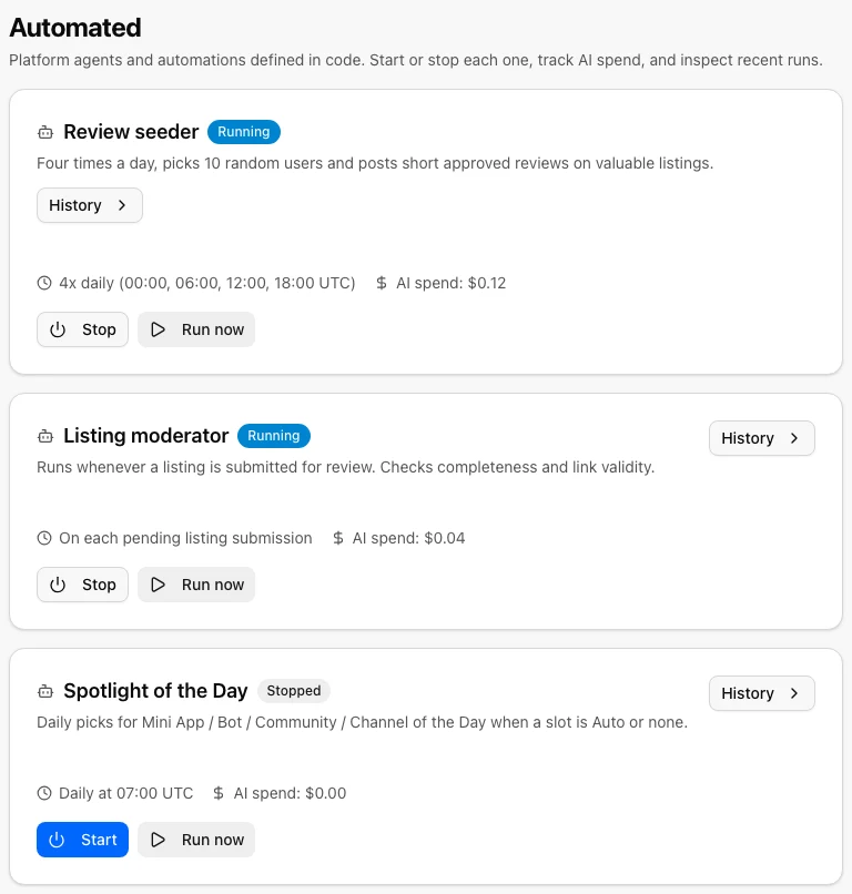 Admin Automated page listing platform agents with start, stop, and run controls