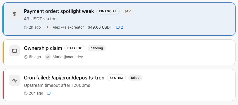 Admin system logs feed with severity indicators and category badges
