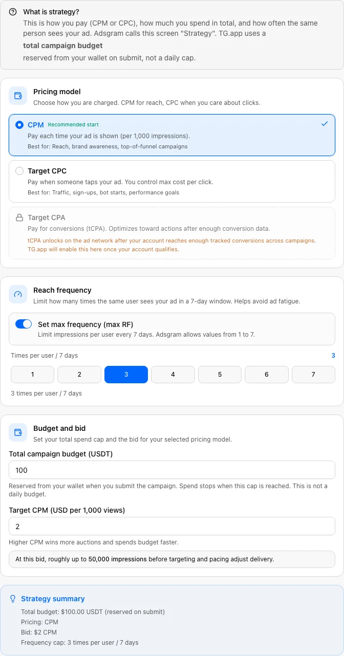 Advertiser campaign strategy step with CPM, CPC, budget, and frequency cap
