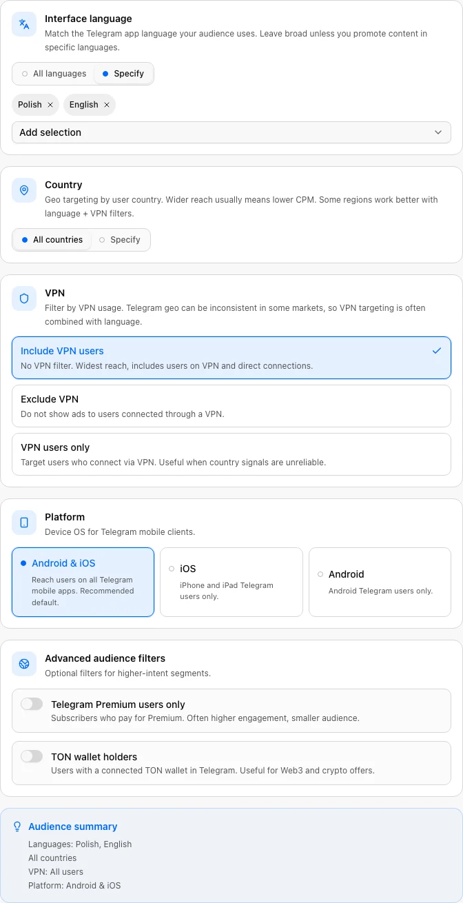 Advertiser campaign targeting step with language, country, VPN, and platform options