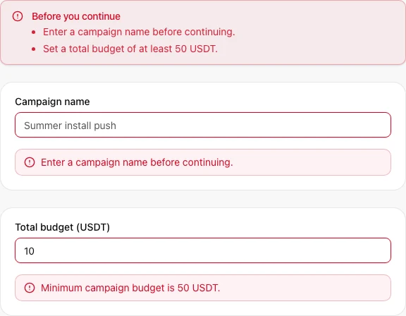 Campaign wizard validation banner and inline field errors