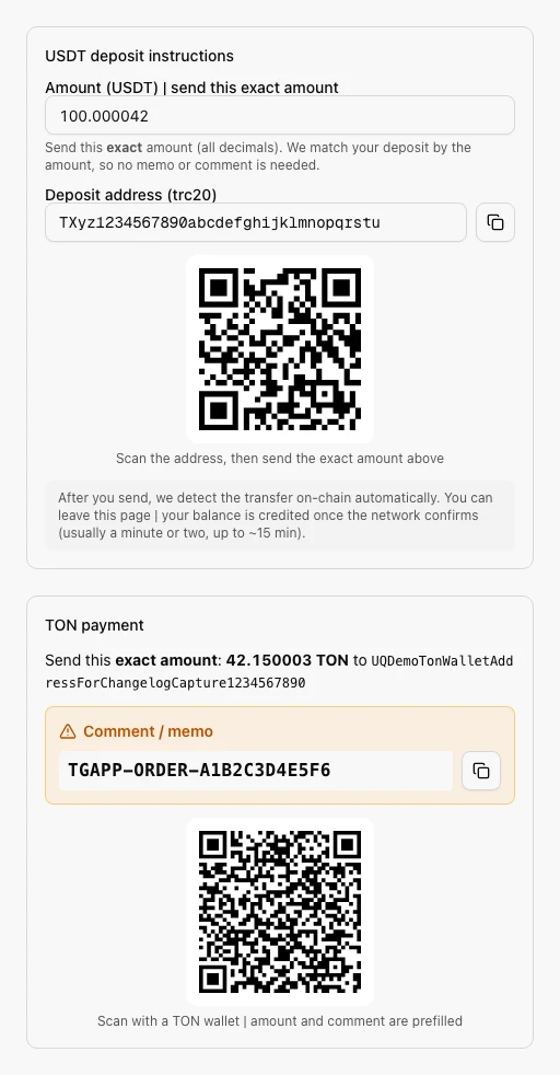 USDT and TON deposit instructions with QR codes on the advertiser billing page