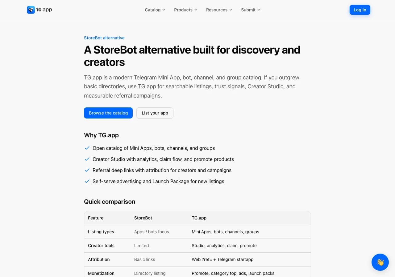StoreBot alternative page comparing TG.app features
