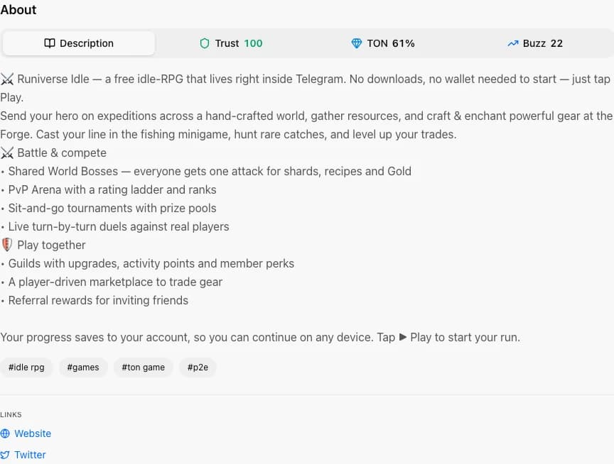 App detail About section with Description, Trust, TON, and Buzz tabs