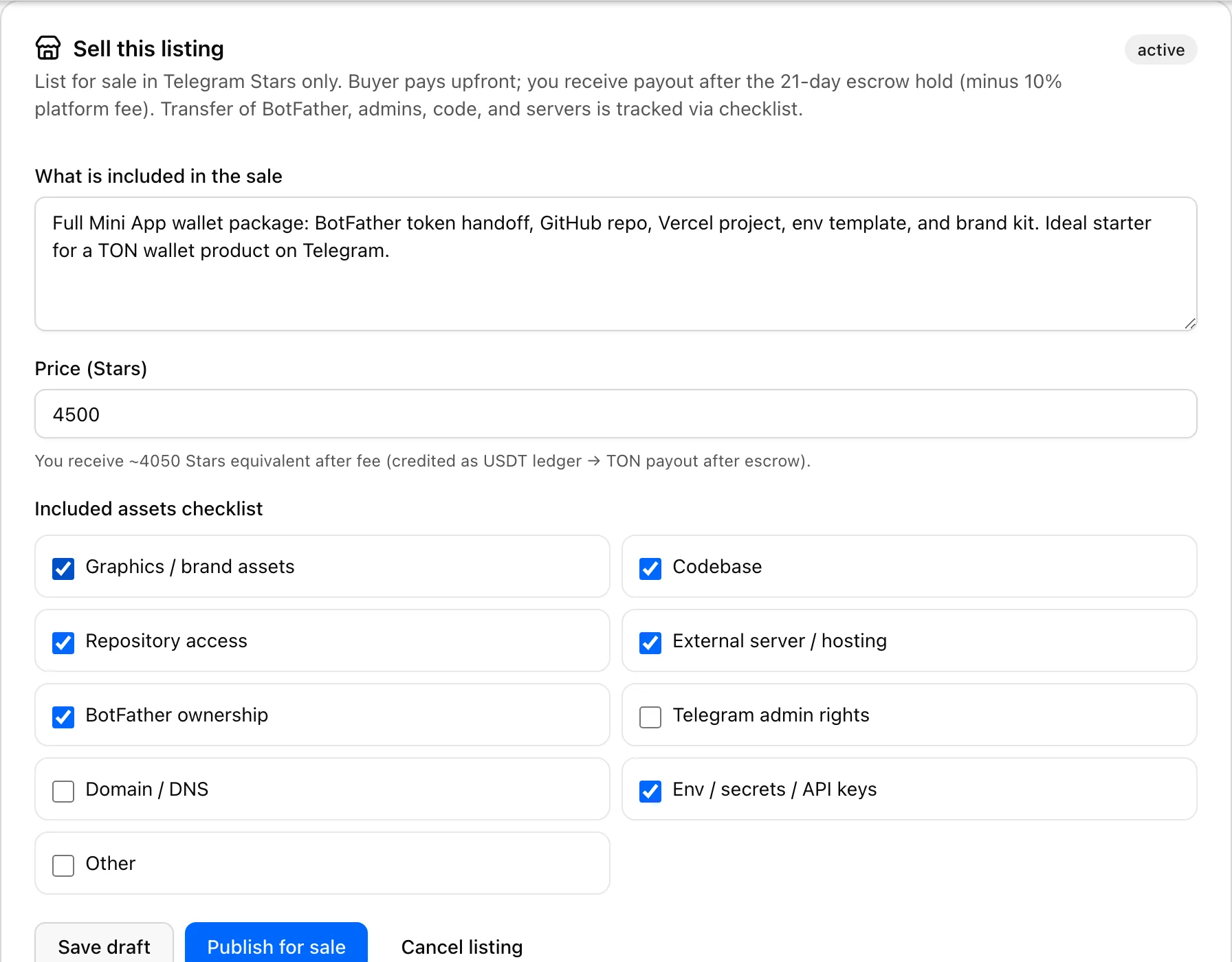 Sell this listing panel with Stars price and asset checklist