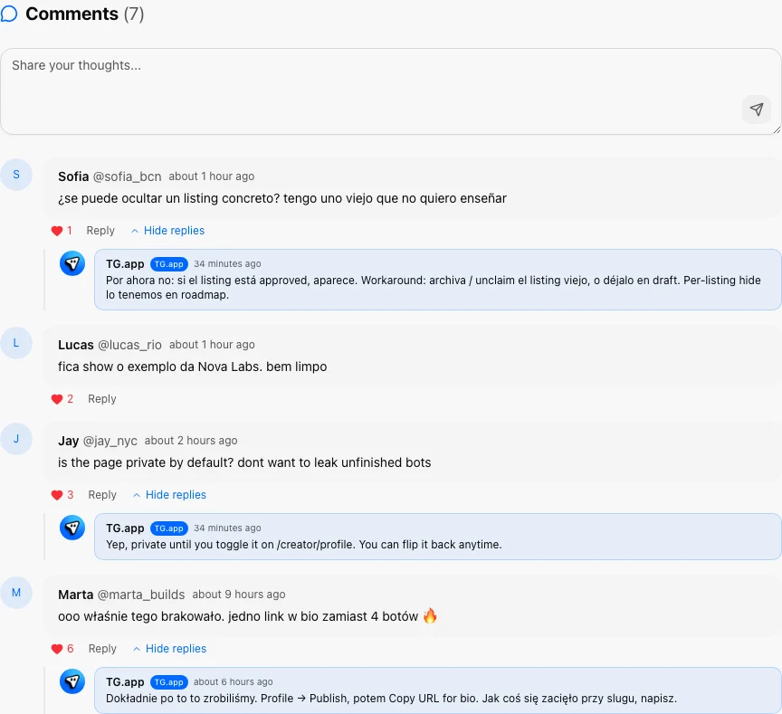 Blog comment thread with TG.app staff reply badge