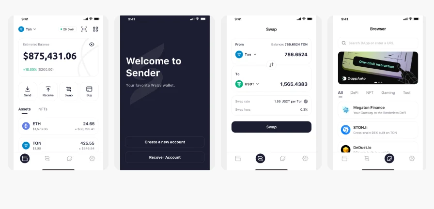 Sender screenshots in a horizontal gallery
