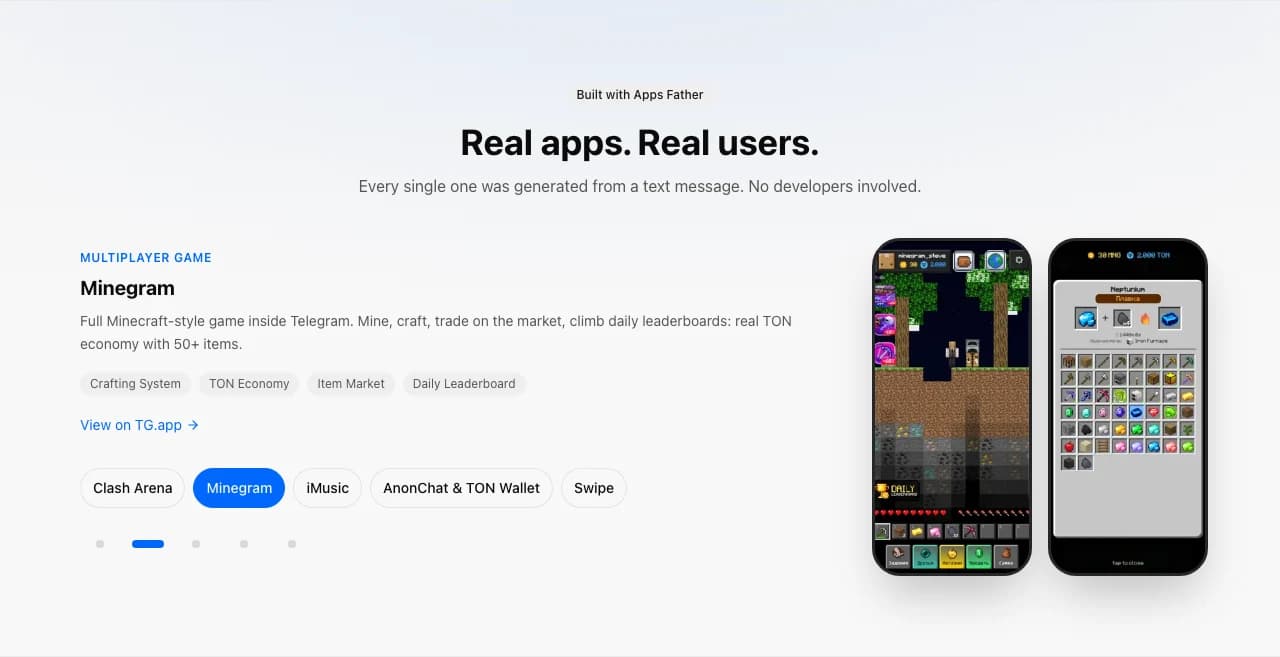 Minegram example on the build page with a View on TG.app link
