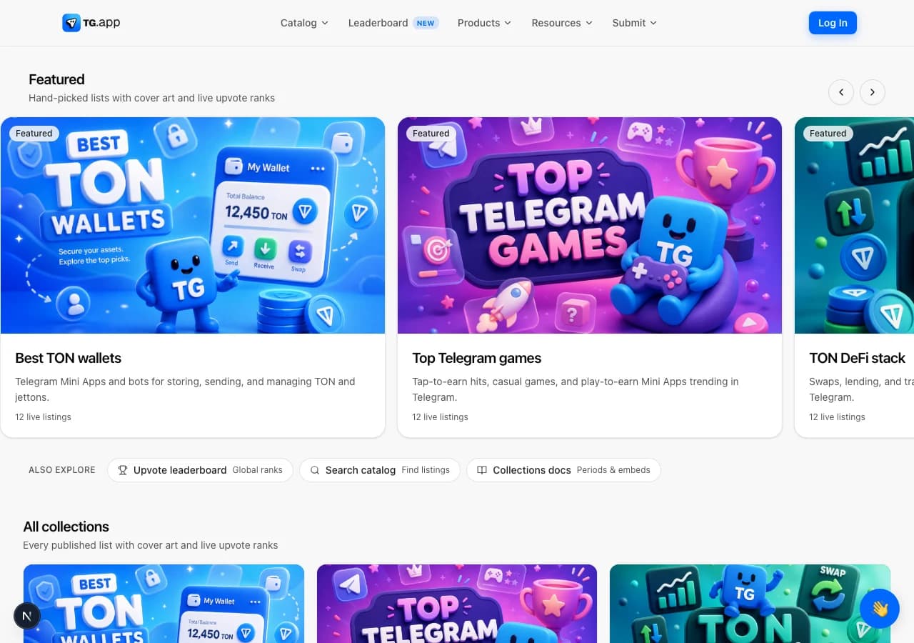 Collections page with Featured carousel and Also explore chips