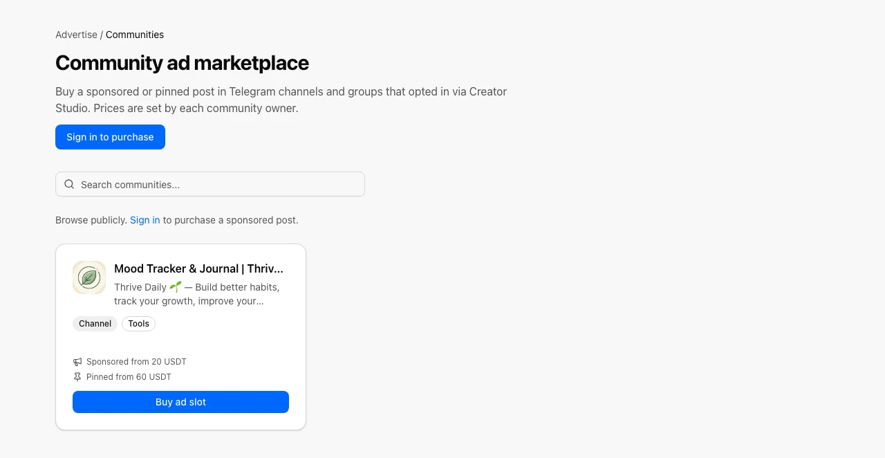 Community ad marketplace card with truncated title and description