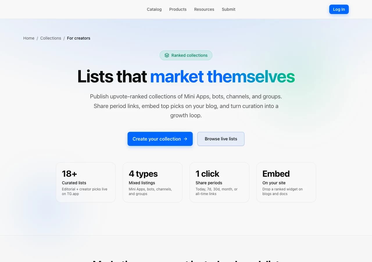 Create ranked collections landing with hero CTAs and feature stats