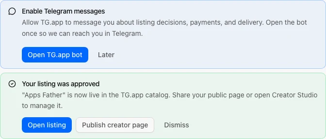 Compact Creator Studio alerts for Telegram messages and listing approval