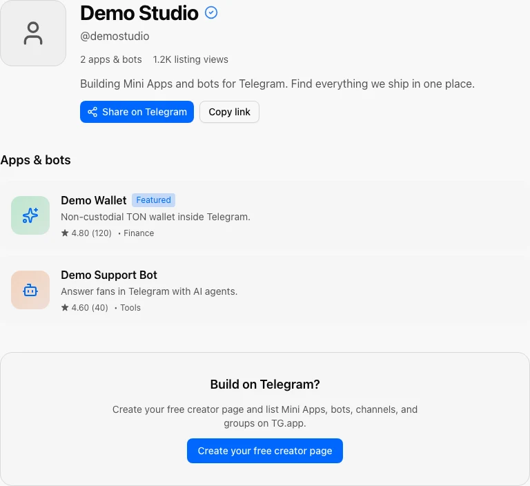 Public creator page with listings and share controls