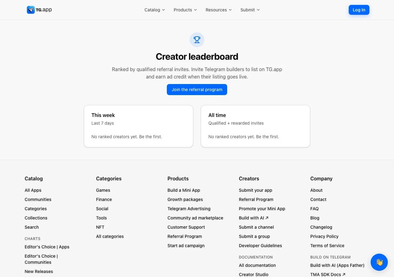 Creator referral leaderboard with this week and all-time rankings