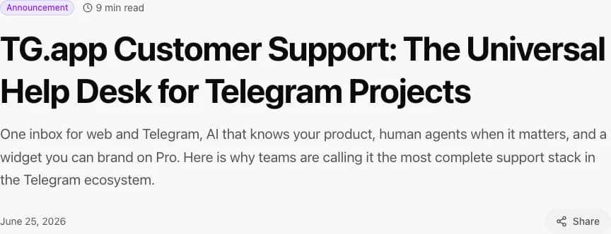 Customer Support announcement on the TG.app blog