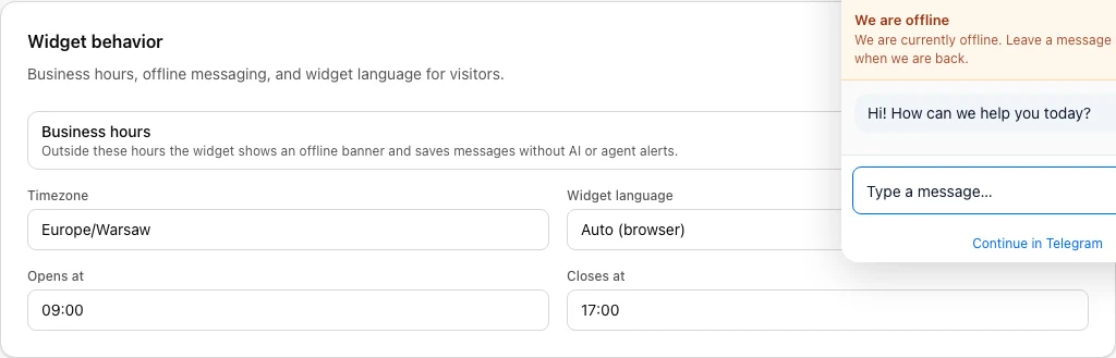 Customer Support widget behavior settings for hours and language