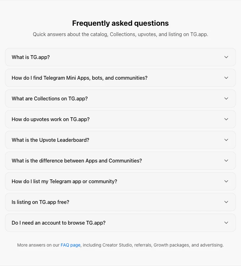 Homepage FAQ accordion with Collections and upvote questions