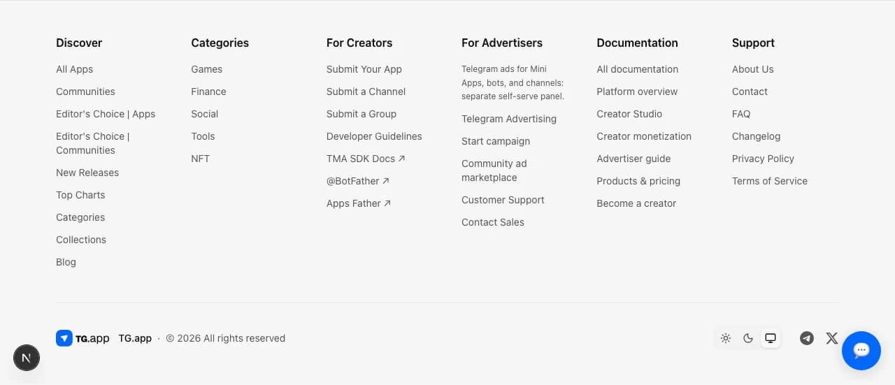 Site footer with Telegram and X social icons