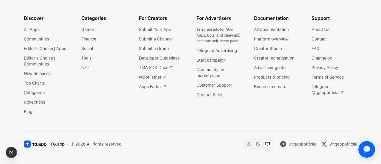 Site footer showing Telegram and X links for @tgappofficial