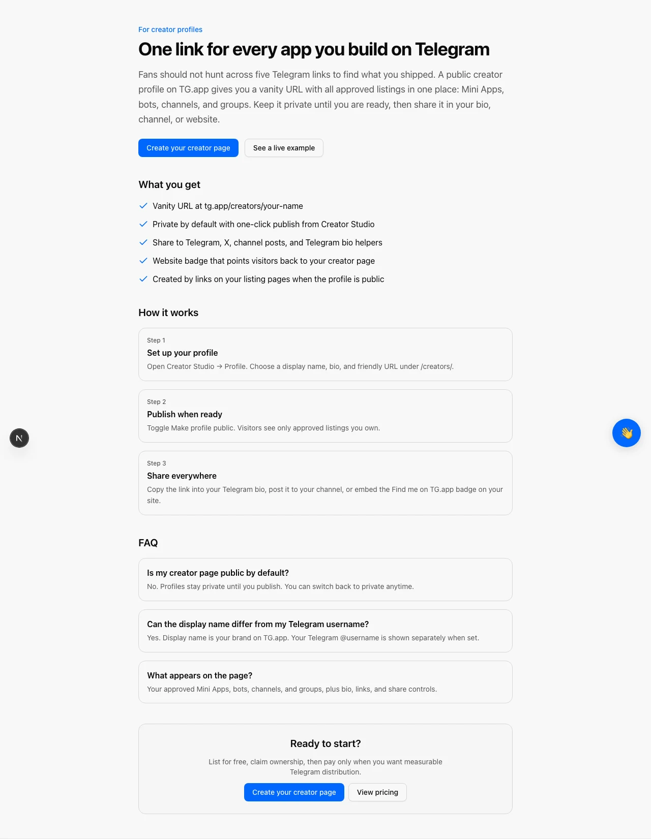 Public Creator Profiles landing page on TG.app
