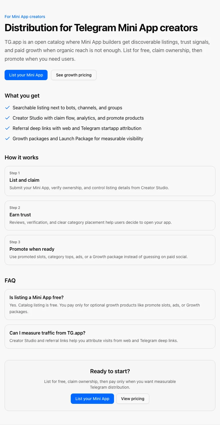 TG.app for Mini App creators page with hero, outcomes, and CTAs