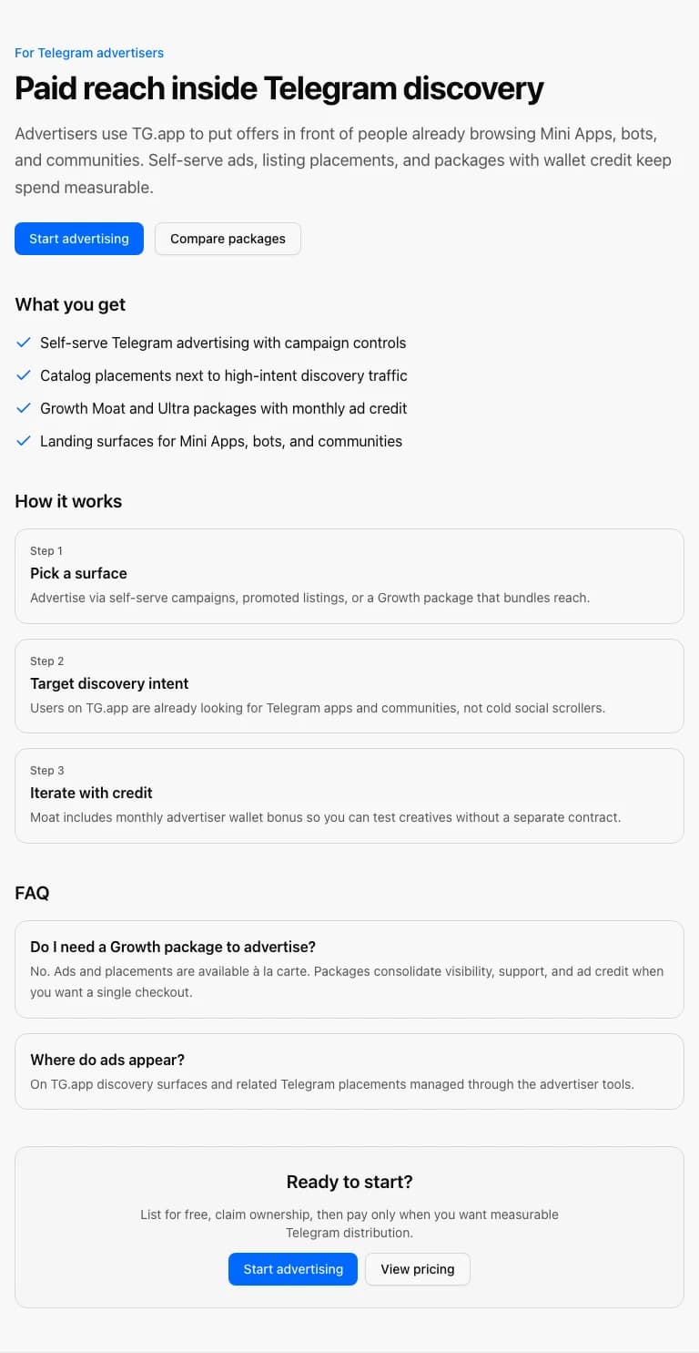 TG.app for Telegram advertisers page with how-it-works steps