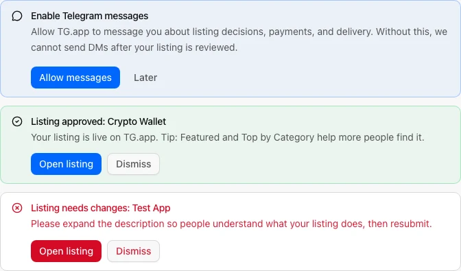 Creator Studio alerts for listing approval, rejection, and Telegram message access