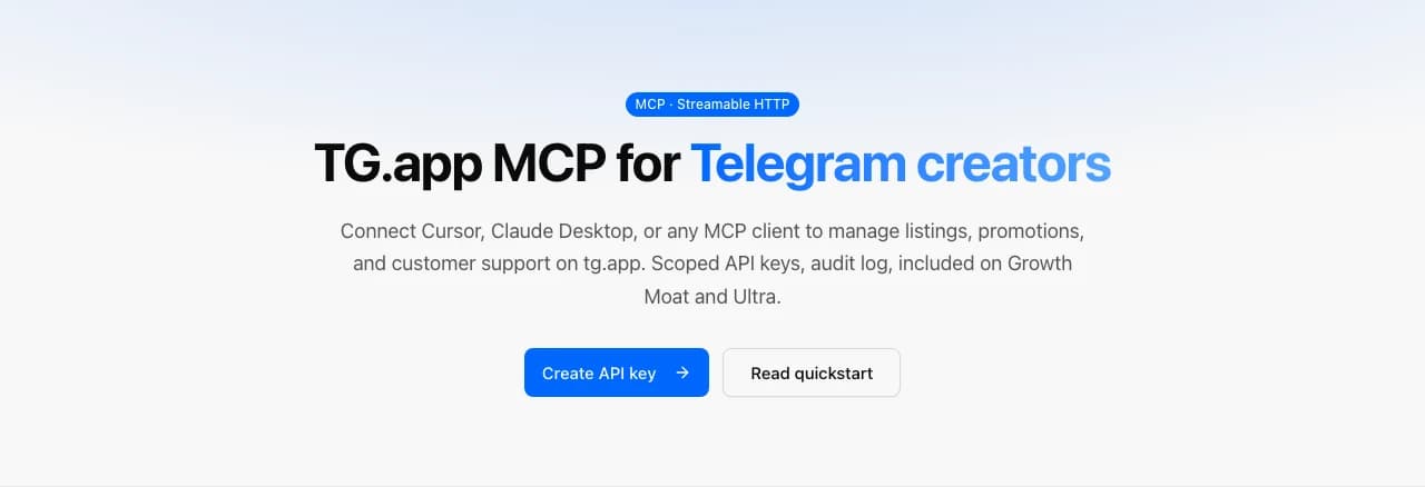 MCP for Telegram creators landing hero on tg.app