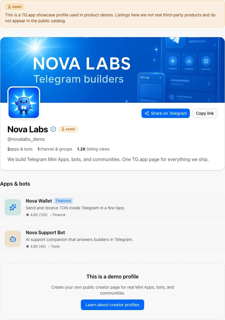 Nova Labs public creator page with avatar and listing icons