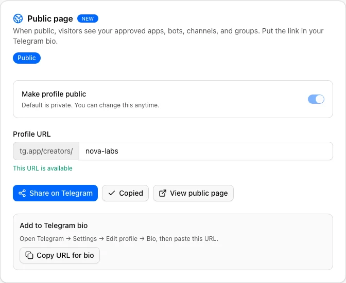 Public page settings in Creator Studio Profile