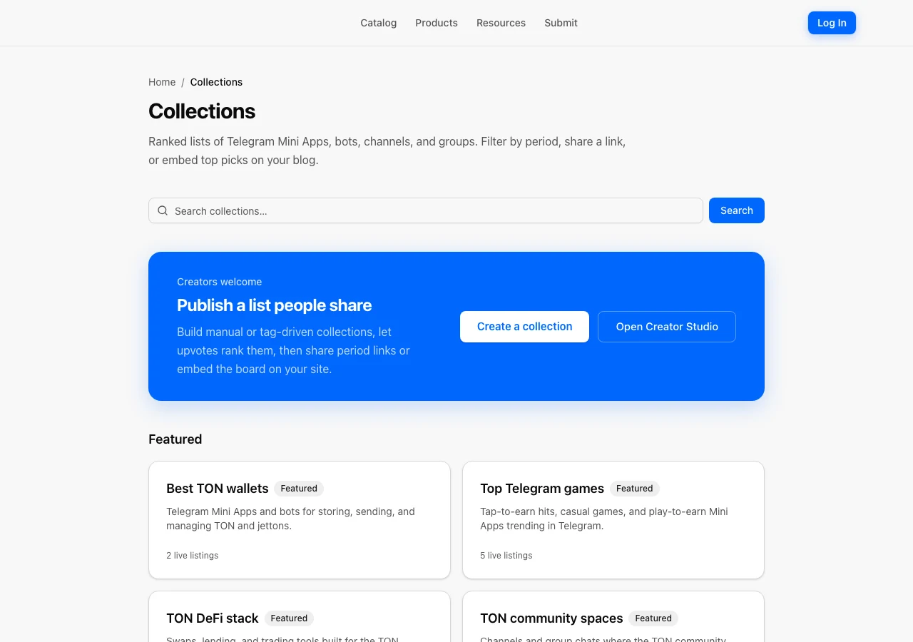 Collections index with search, blue create CTA, and featured collection cards