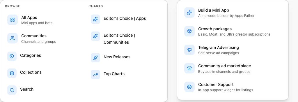 Products menu with Build a Mini App and Growth packages
