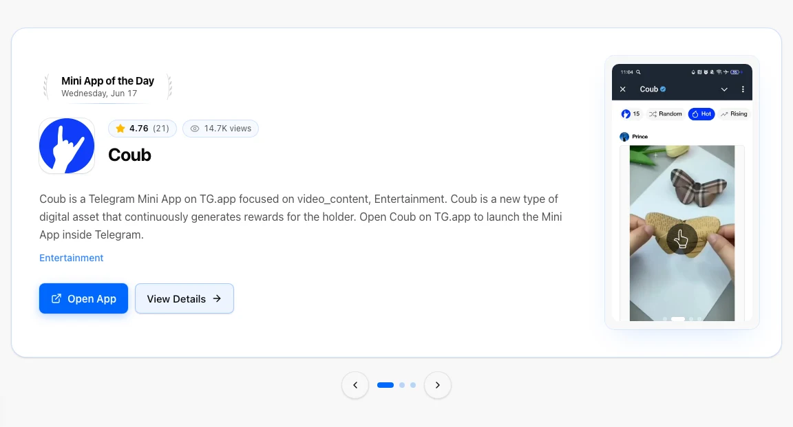 App of the Day spotlight on the TG.app homepage