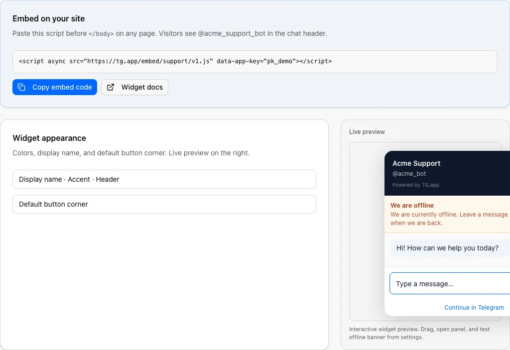 Support widget page with embed card and side-by-side appearance preview