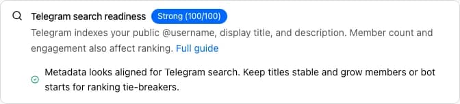 Telegram search readiness panel with score and optimization tips