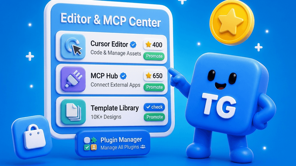 TG cube mascot beside a clay MCP config card with Cursor and listing tools