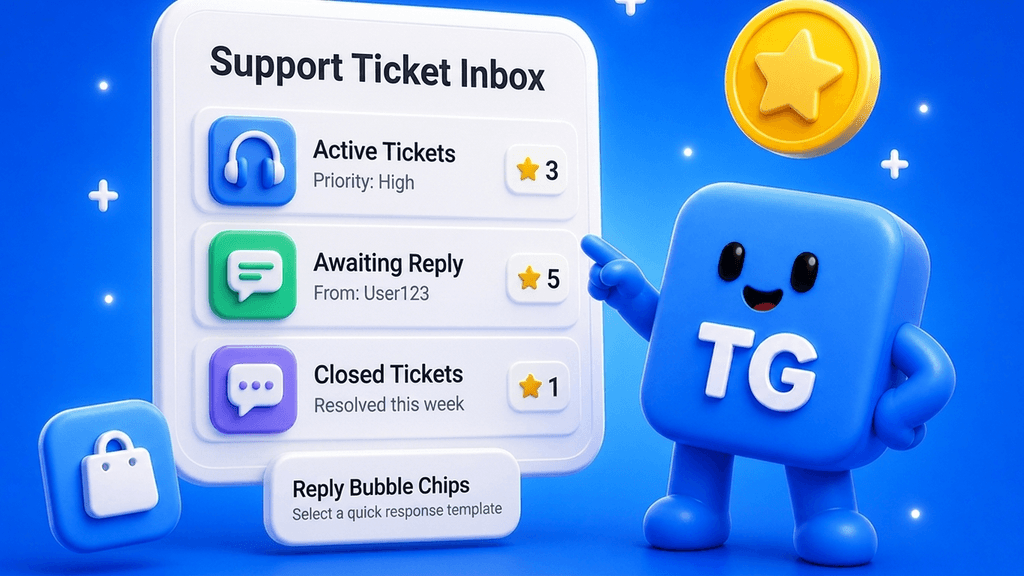 TG cube mascot beside a clay support inbox card with ticket rows and reply chips