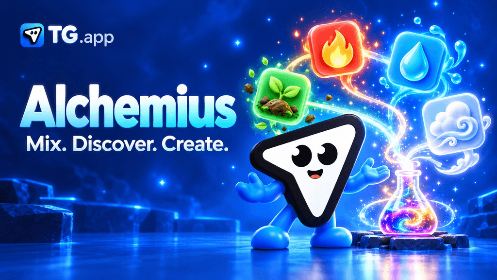 TG.app mascot with fire, water, earth and air tiles beside an alchemy flask. Alchemius: Mix. Discover. Create.
