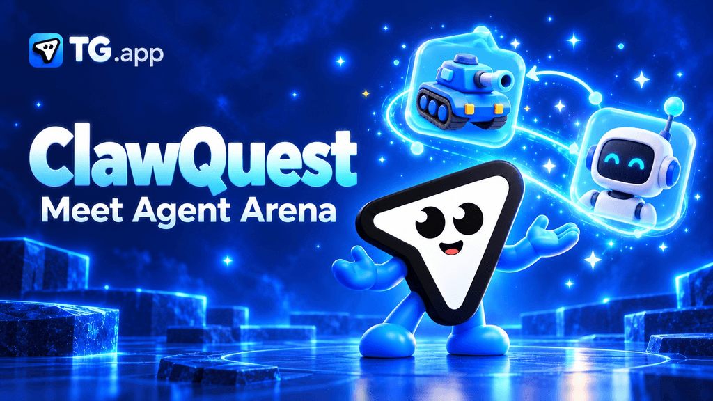 TG.app paper-plane mascot beside a toy tank and robot, with ClawQuest: Meet Agent Arena headline.