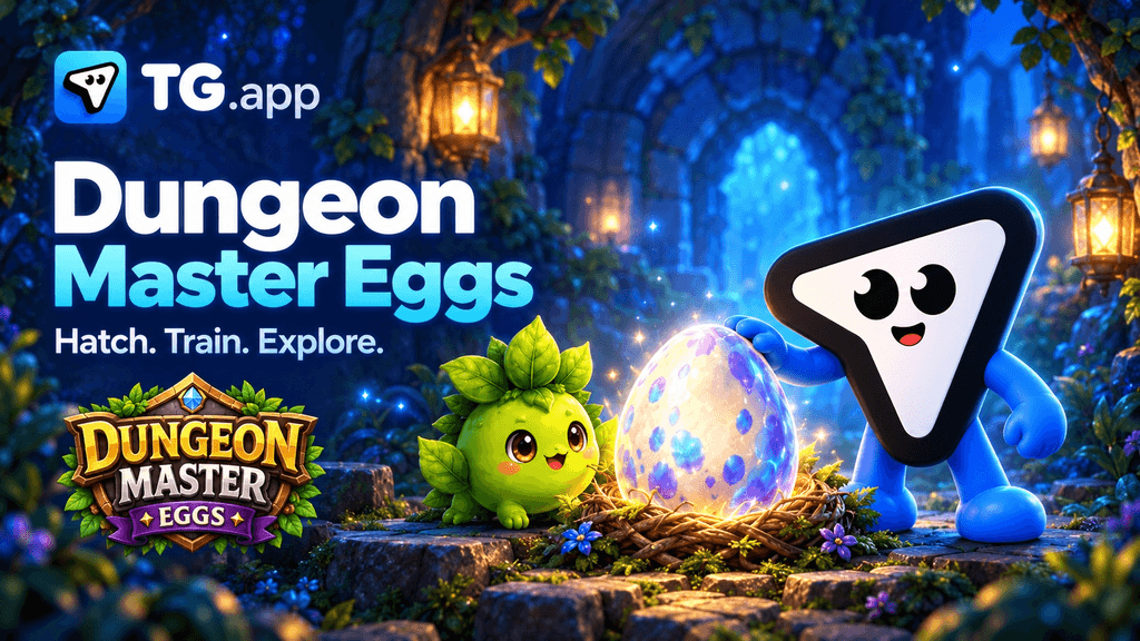 TG.app mascot beside a glowing egg and green creature, with Dungeon Master Eggs and TG.app branding.