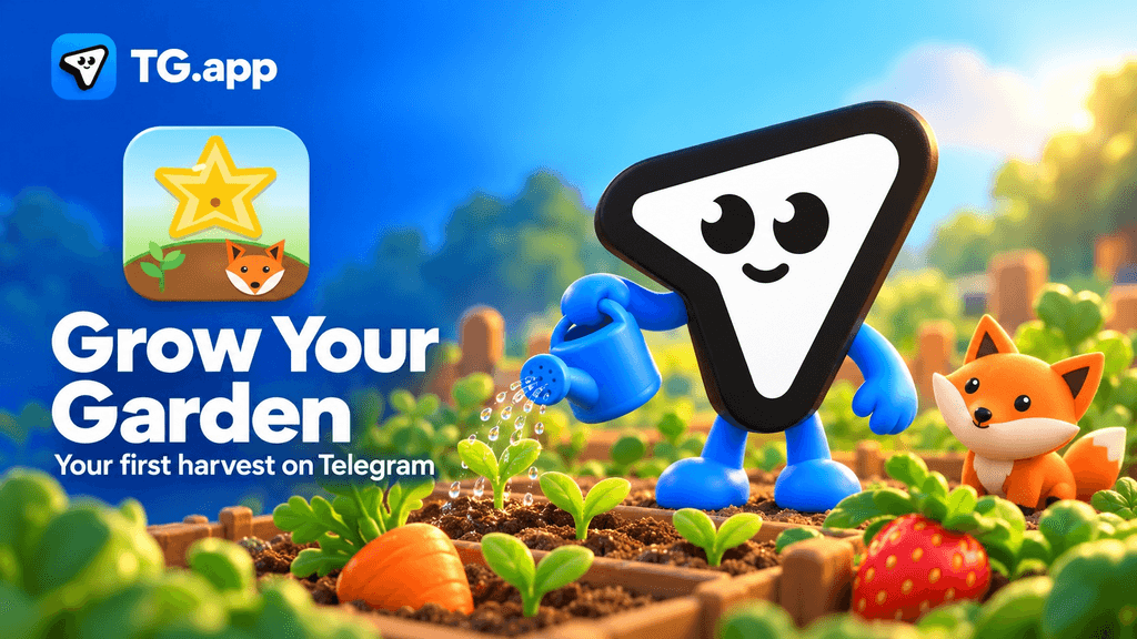 Grow Your Garden on Telegram, with its game icon, a planted garden and the TG.app paper-plane mascot holding a watering can.