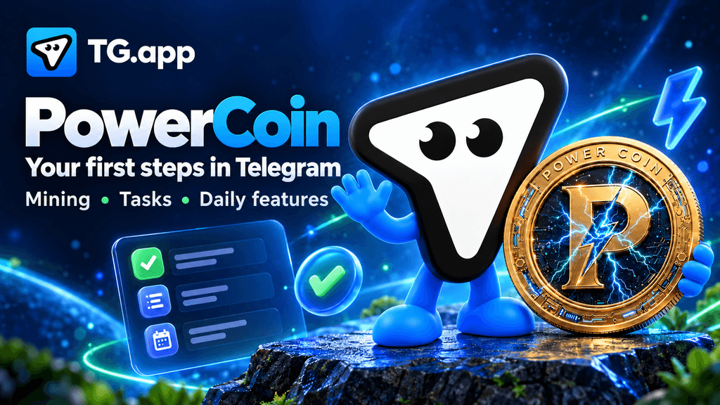 PowerCoin beginner guide with the gold PowerCoin emblem, TG.app paper-plane mascot, task cards and lightning on a blue background.