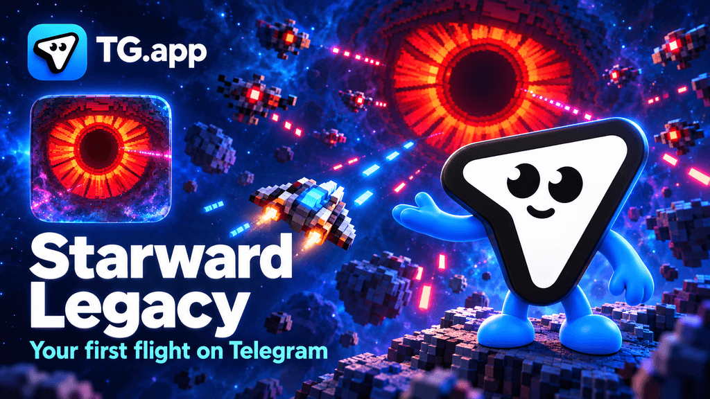 Starward Legacy space shooter cover with voxel spacecraft and the TG.app paper-plane mascot.