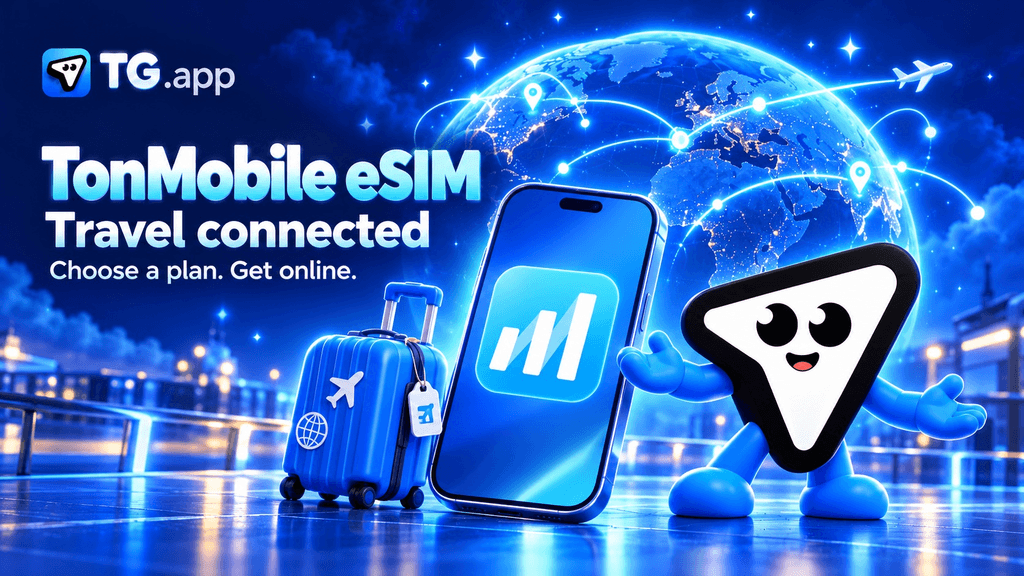 TG.app mascot beside a phone with the TonMobile logo, a suitcase and a glowing globe.