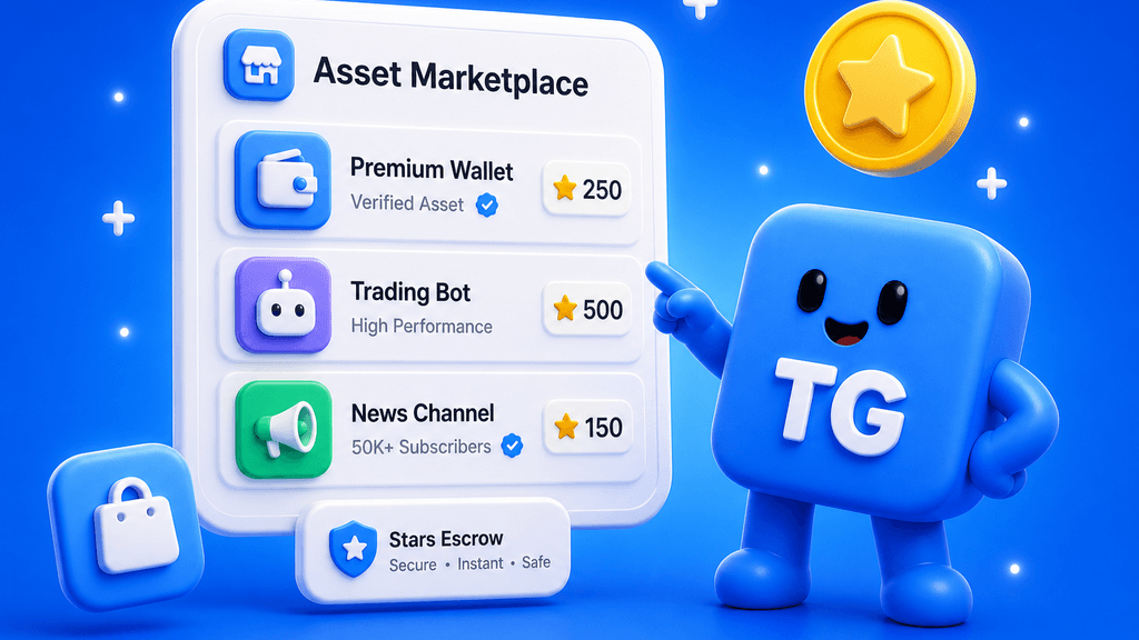 TG cube mascot presenting an Asset Marketplace card with Stars prices for Mini Apps, bots, and channels