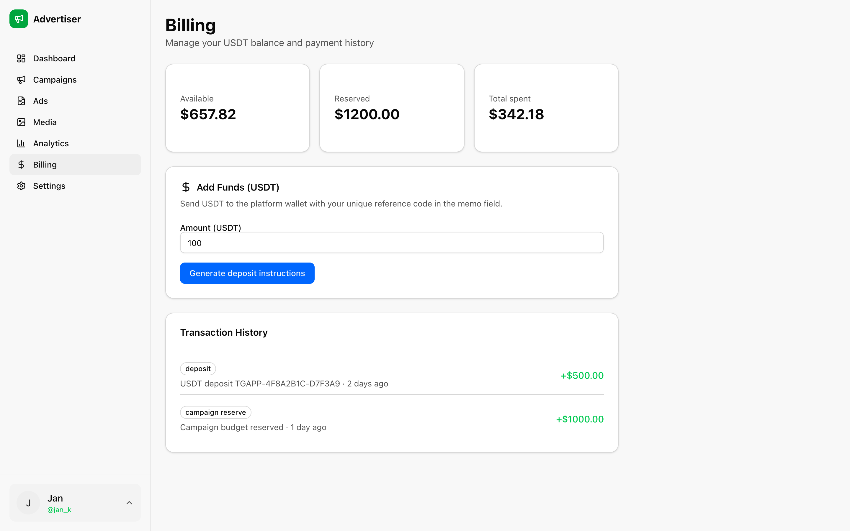 Billing page