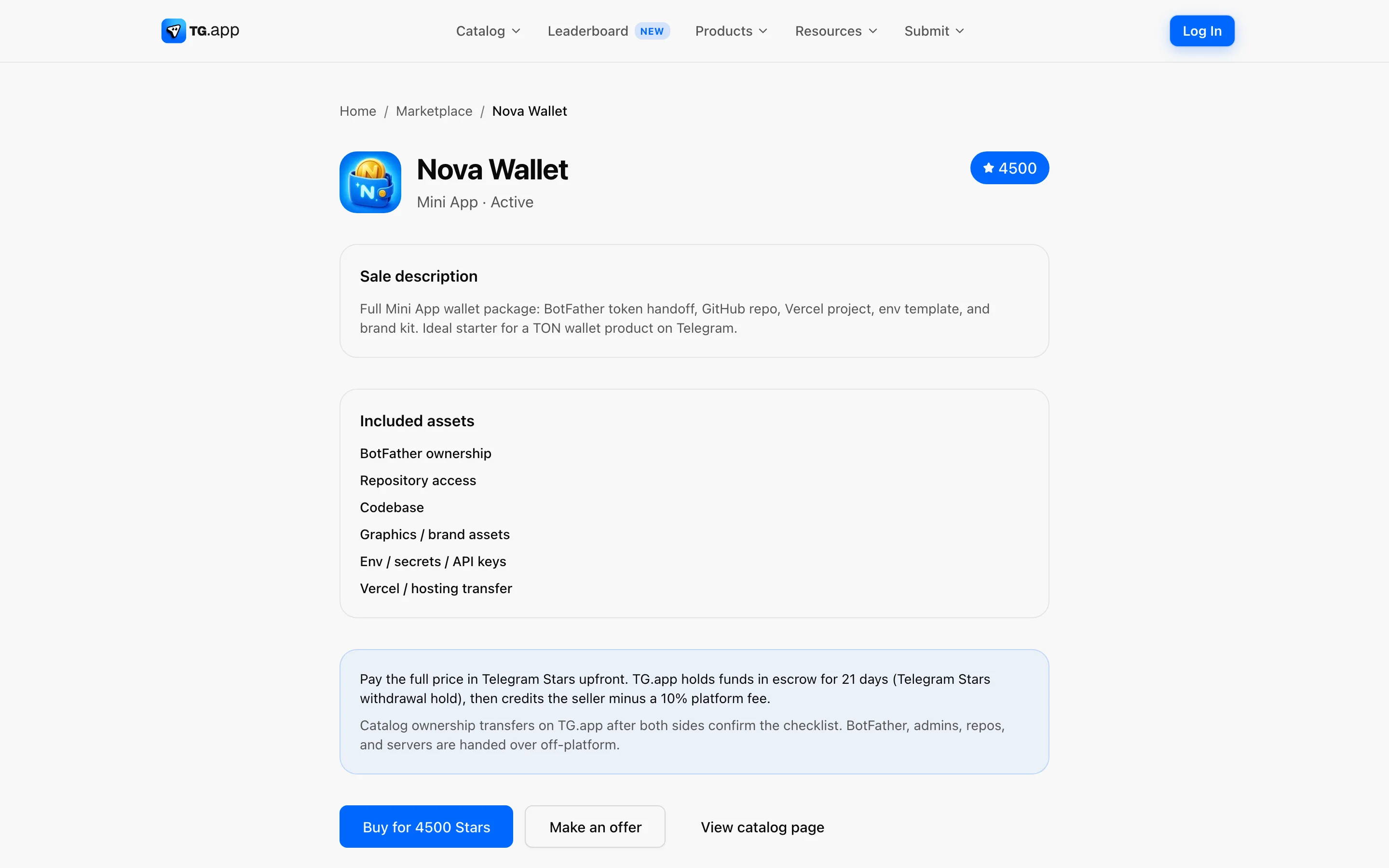 Nova Wallet marketplace listing with Buy for 4500 Stars and Make an offer