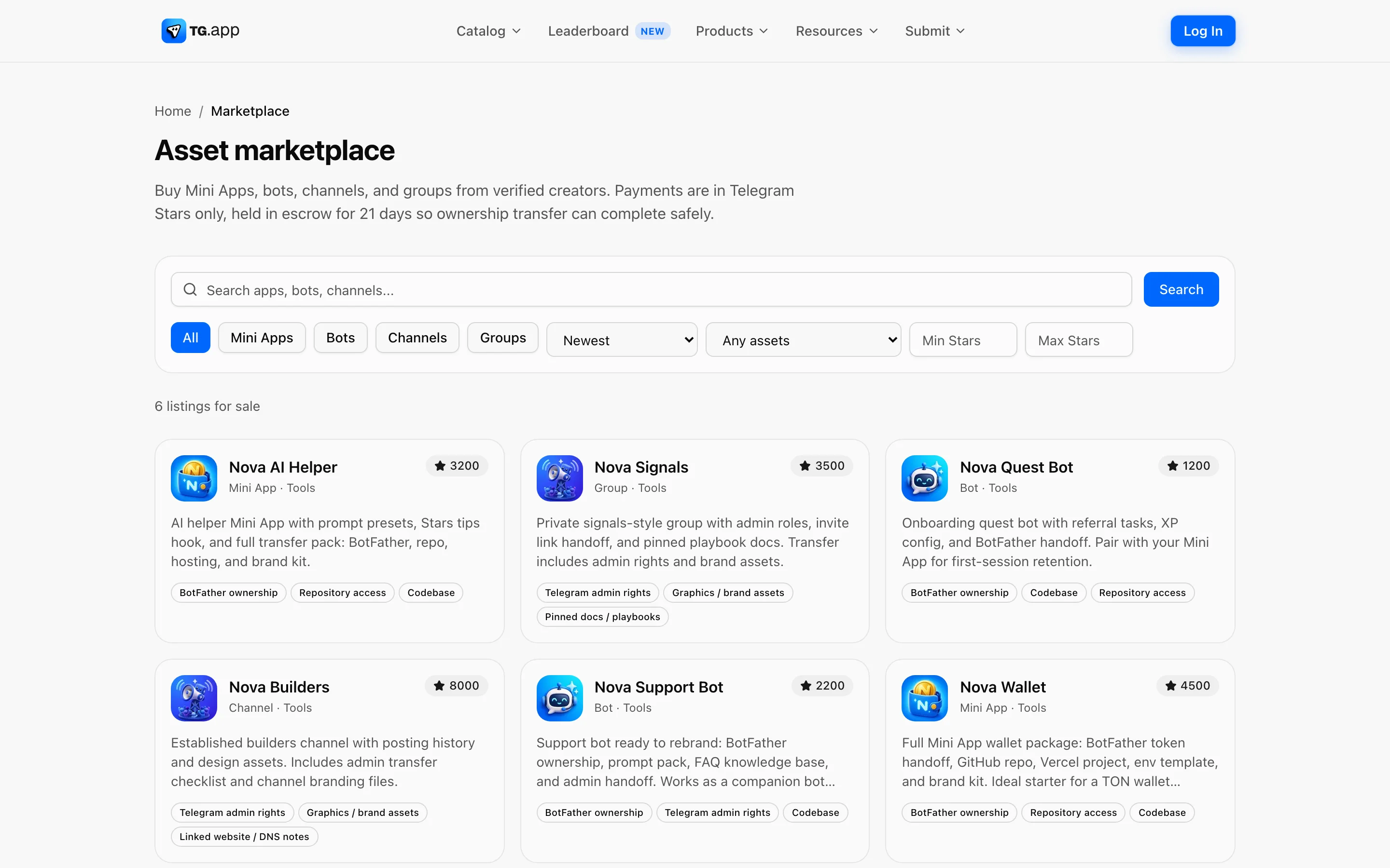 Asset marketplace with six live listings priced in Stars