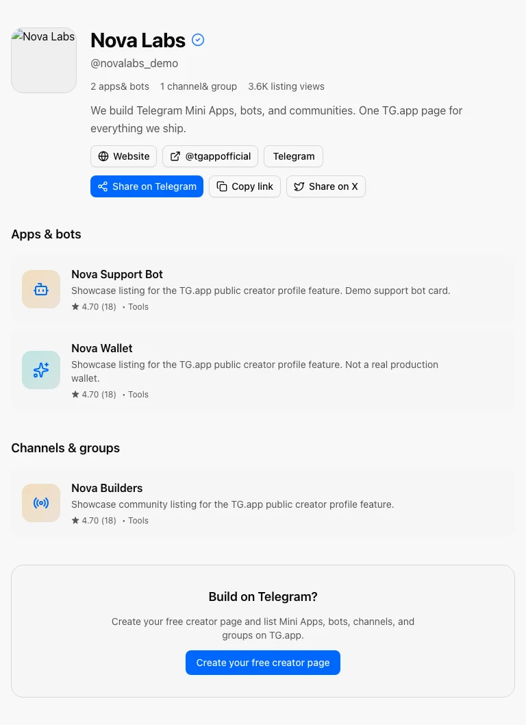 Nova Labs public creator page on TG.app
